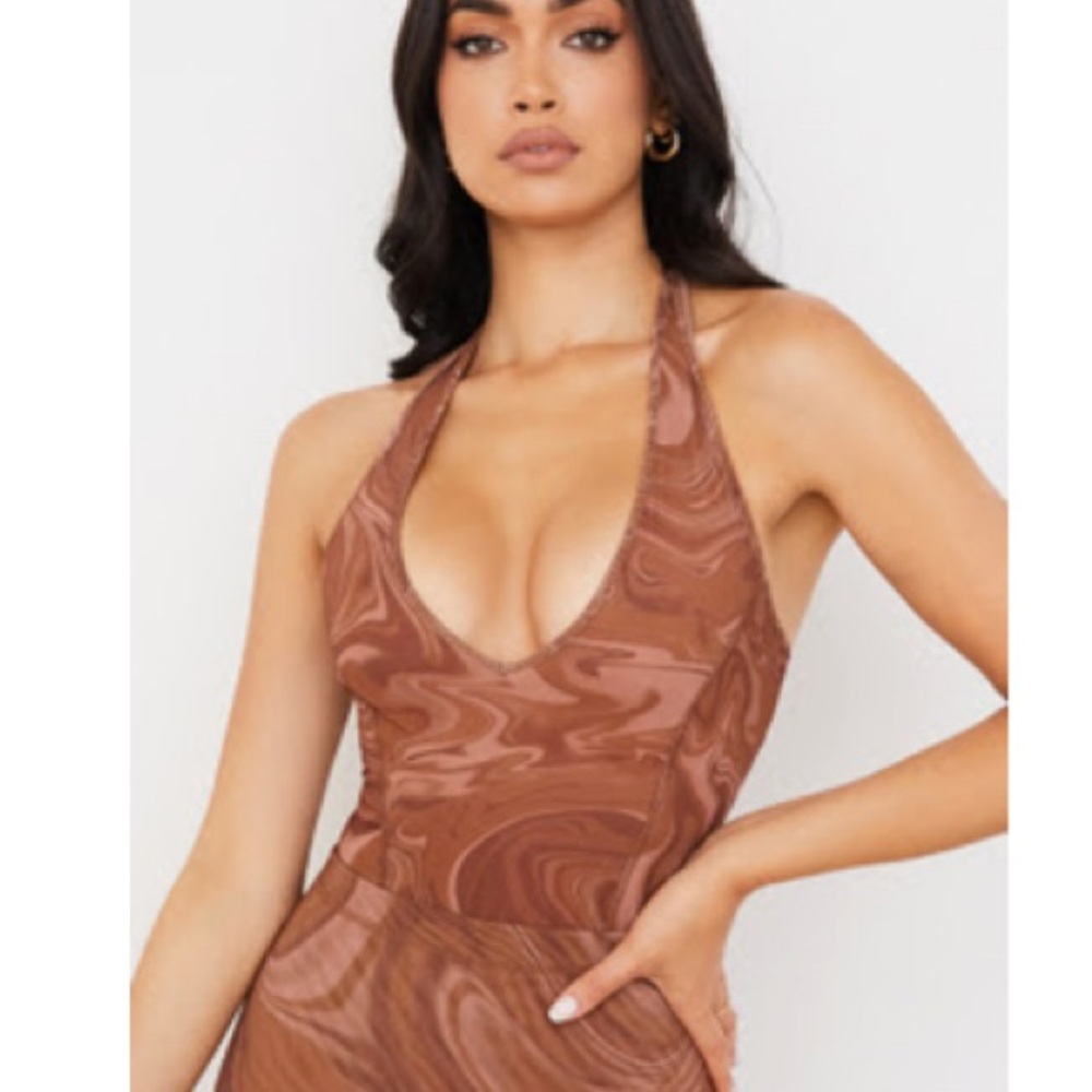 Brown Halter Swirl Pattern Body Suit